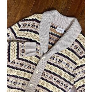 Vintage Academia Cardigan Fair Isle Sweater Mens L Weaved Wide Collar Wintuk